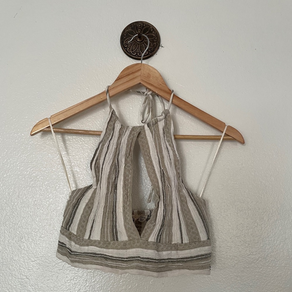 Roxy‎ Striped 2 Piece Set Halter Keyhole Crop Top and Wrap Pants Olive Green S/M
